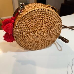 Round Woven Rattan Bag with Red Tassels
